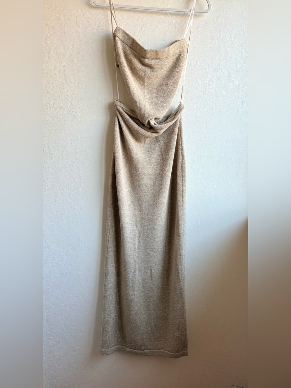Strapless Tan Cutout Knit Maxi Dress